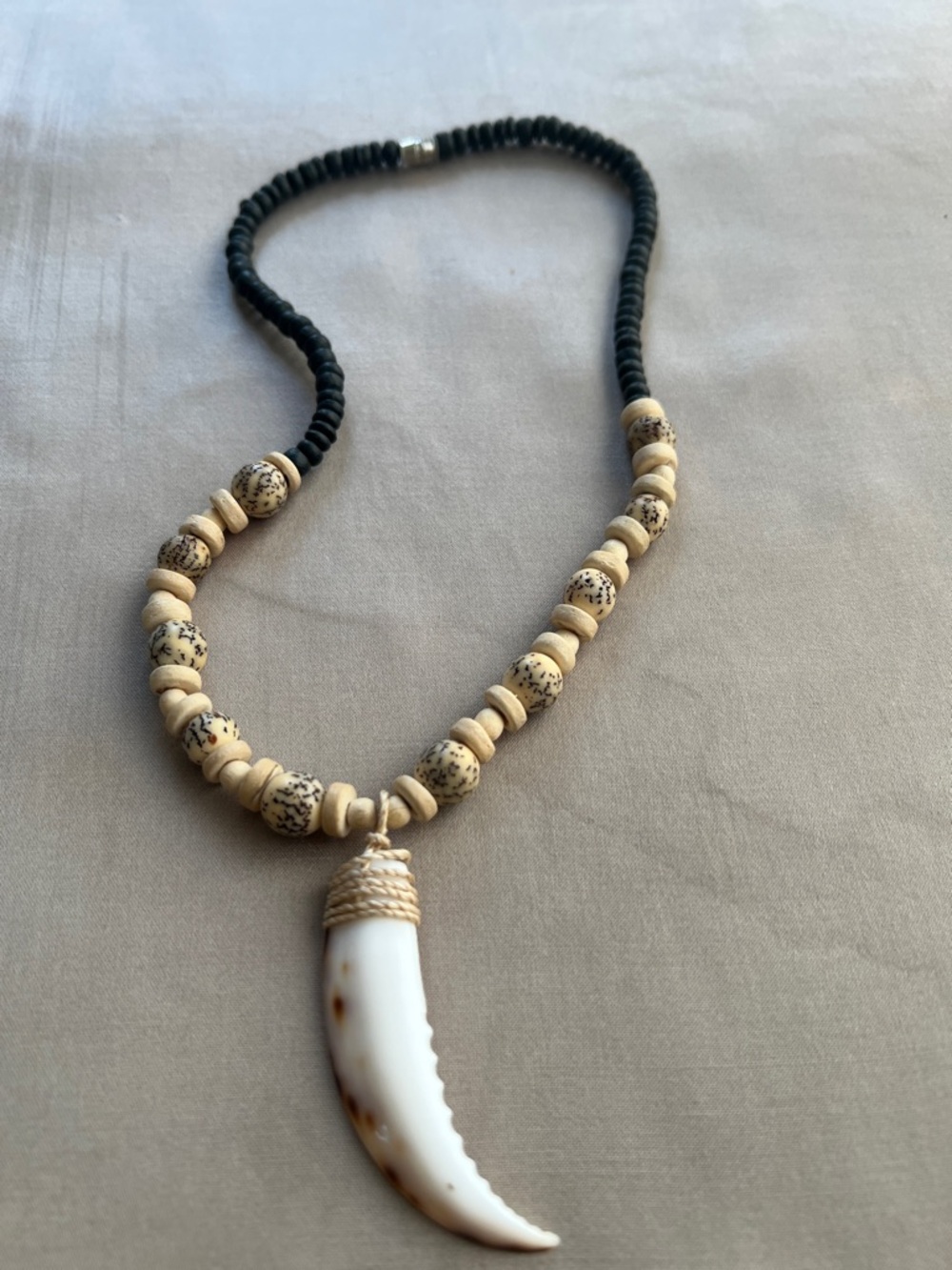 Unisex Handcrafted Black and Cream Beaded Necklace with White Horn Pendant